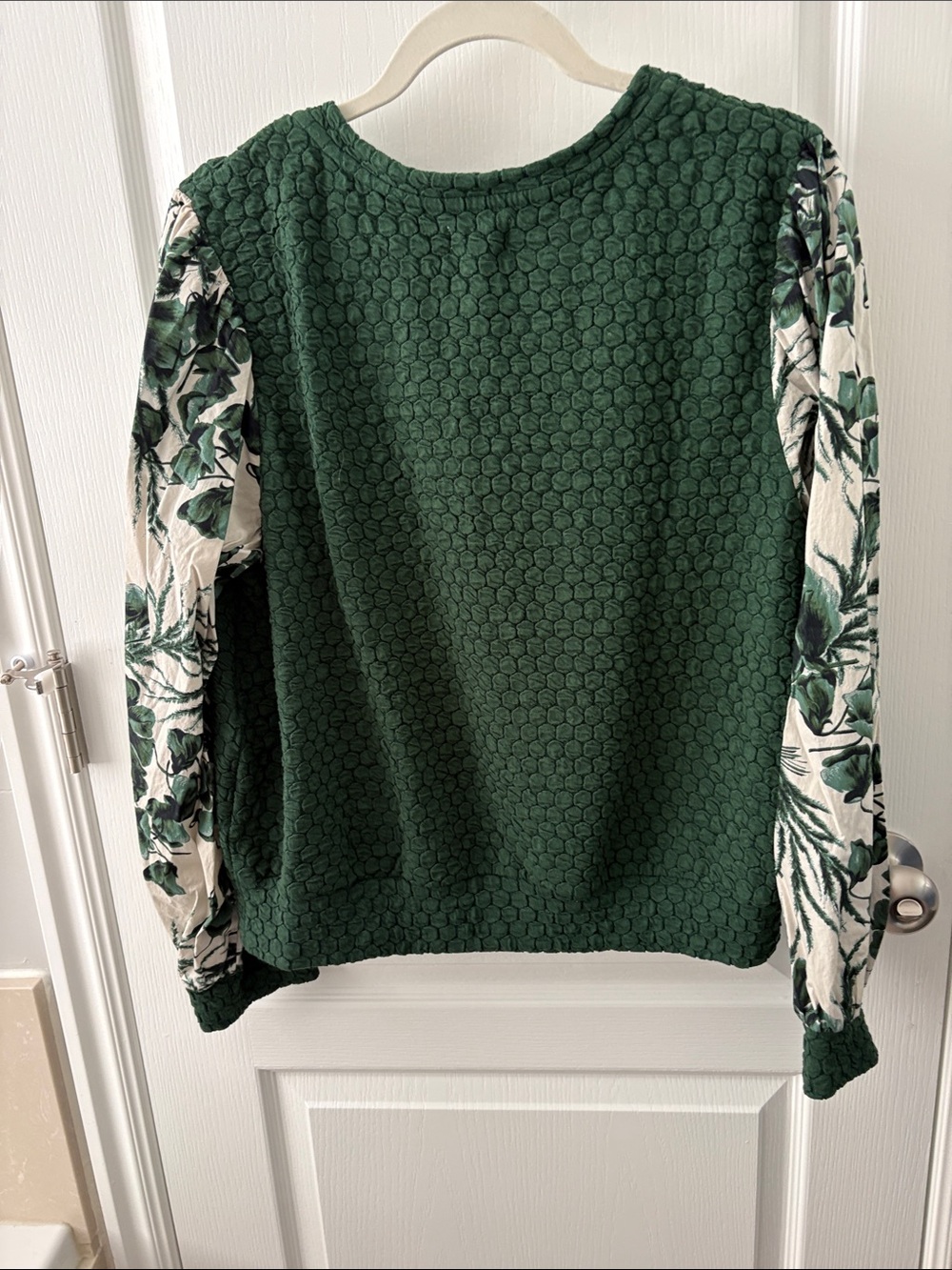 Porridge Green Textured Pullover Sweater with Floral Sleeves - Picture 3 of 3